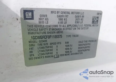 2015 Chevrolet Express 2500 Work Van z USA, uszkodzony, nr VIN 1GCWGFCF0F1109375